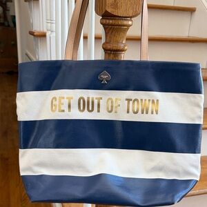 Kate Spade Blue and Cream Tote with Gold Accents Get Out Of Town quote